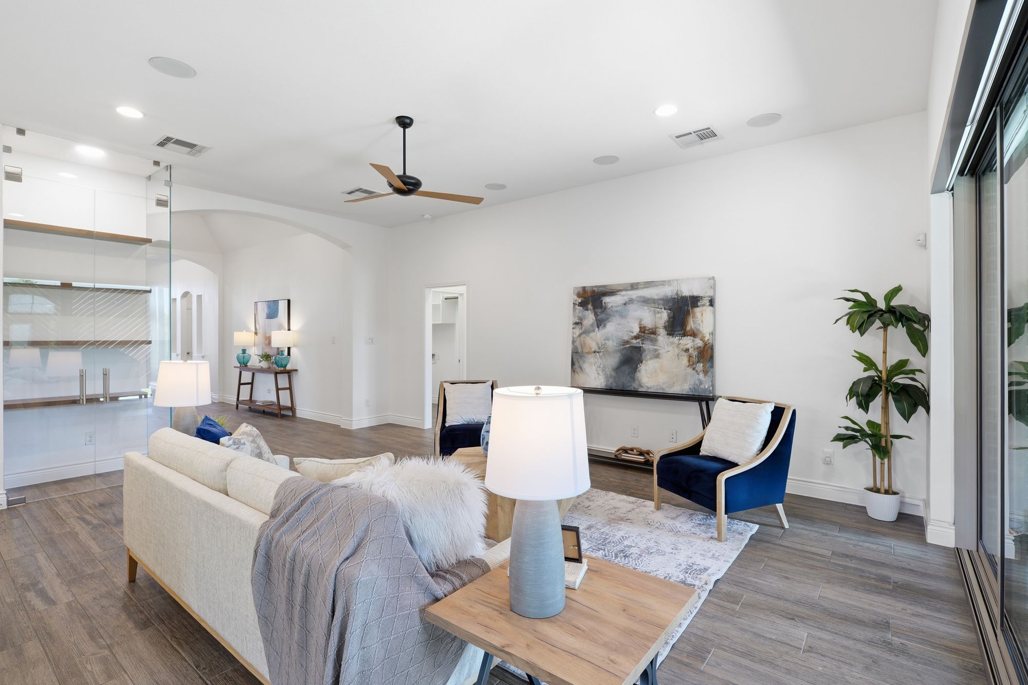 Living area beneath the vaulted ceiling
