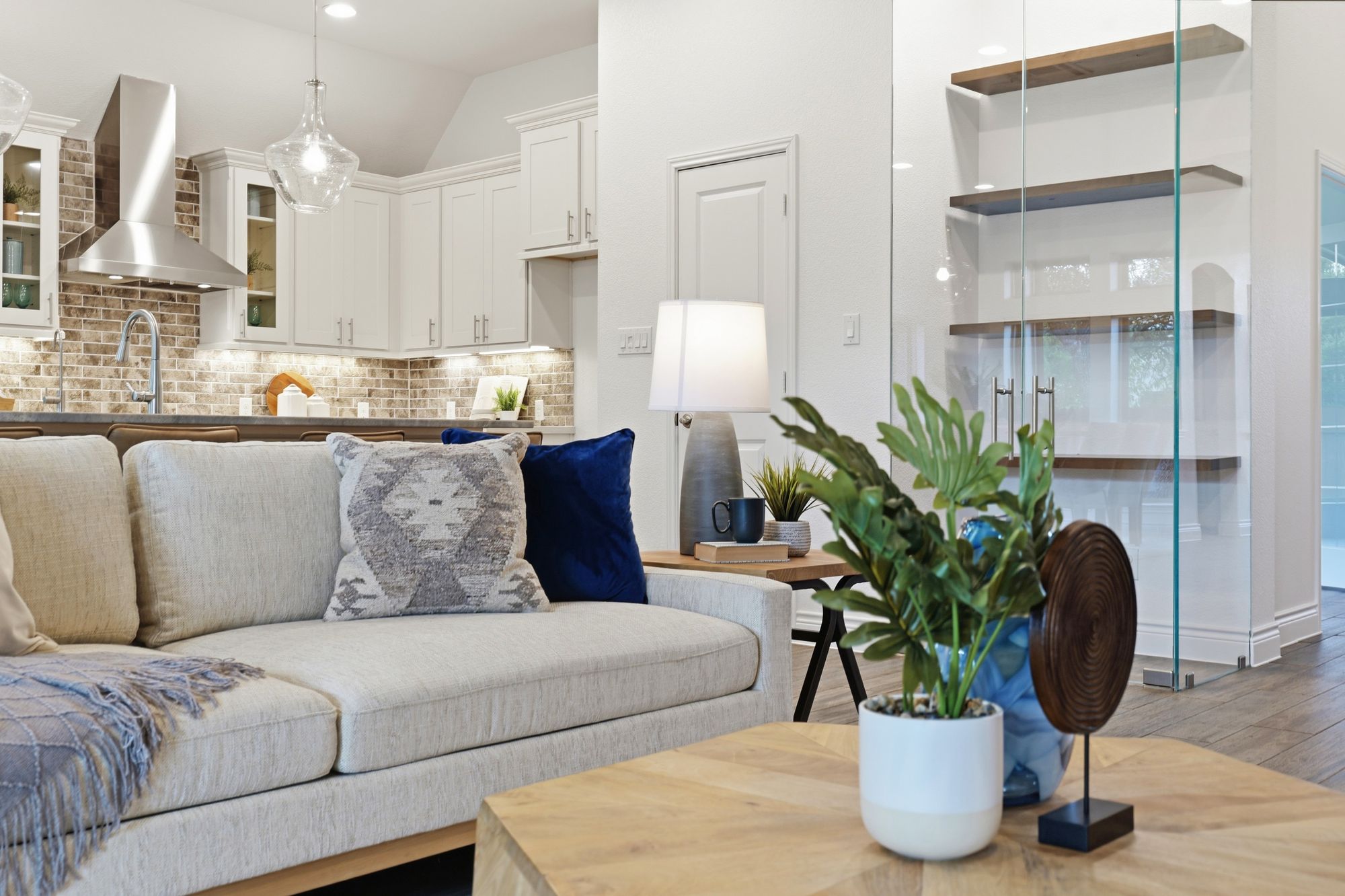 Living room beside the glass-enclosed display