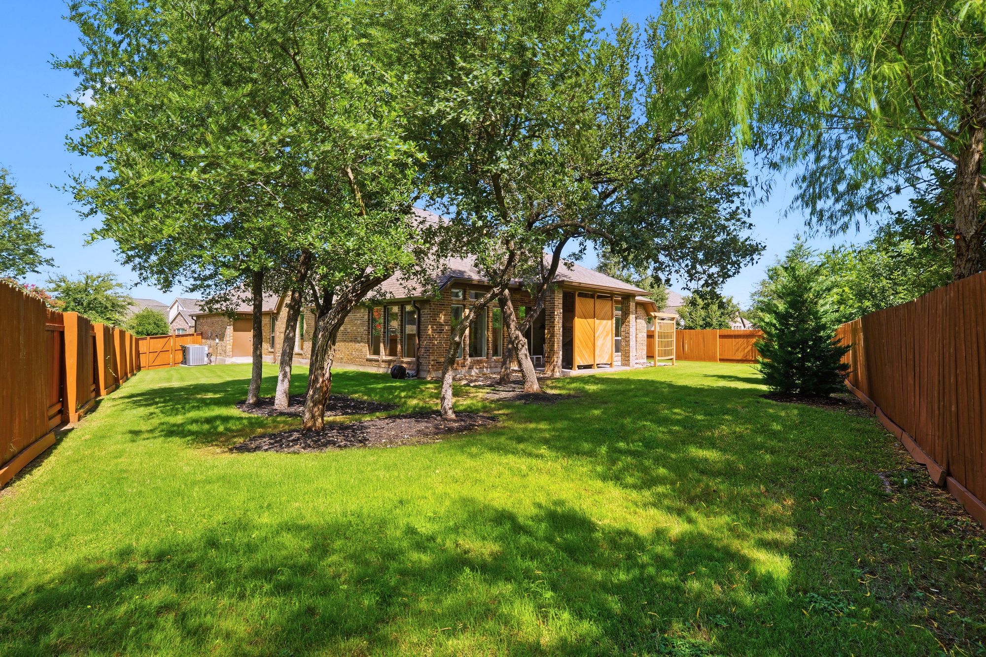 Backyard framed by trees and fencing